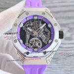 Super Clone Audemars Piguet Black Panther Flying Tourbillon Royal Oak Concept Silver Case Purple Strap 